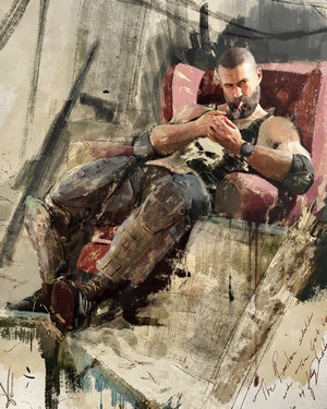 Punisher fan art of a man sitting in a chair smoking