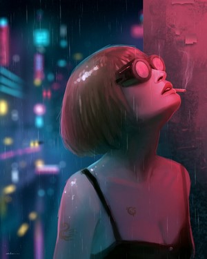 Woman with goggles smoking in the rain
