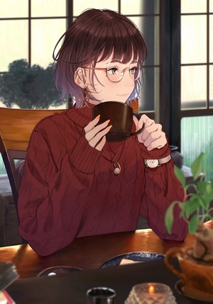 Anime girl with glasses drinking from a mug