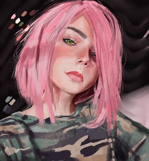 Portrait of a woman with pink hair and green eyes