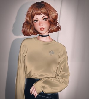 Woman with short auburn hair wearing a choker and long-sleeved shirt