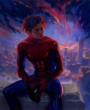 Spider-Man (Peter Parker) sitting on a rooftop at sunset
