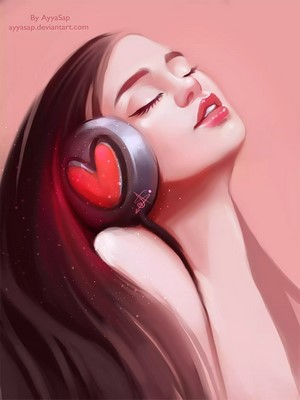 Digital painting of a woman with headphones listening to music