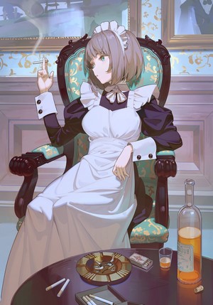 Anime maid smoking in a chair with alcohol