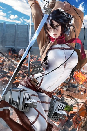 Mikasa Ackerman in Intense Battle Pose