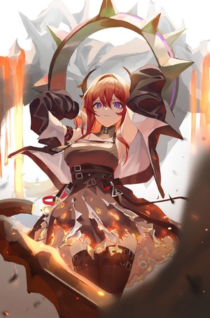 Surtr from Arknights holding a flaming weapon