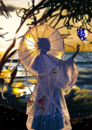 Woman with umbrella and butterfly at sunset