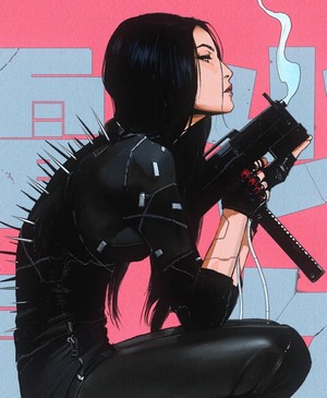 Asian woman with machine gun, artwork