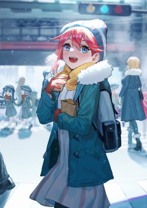 Anime girl with pink hair in winter coat