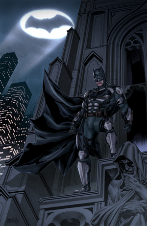 Batman standing on a gothic building in Gotham City