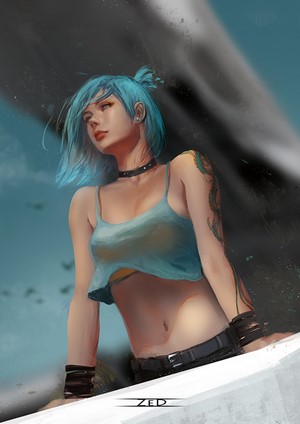 Artwork of a woman with blue hair and a dragon tattoo