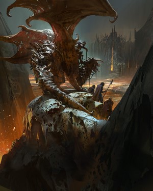Undead Dragon Rider in a Fiery Landscape