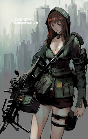 Anime girl with a machine gun in a city