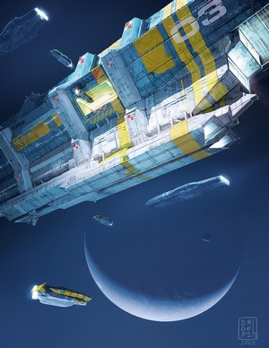 Spaceship fleet near a crescent moon