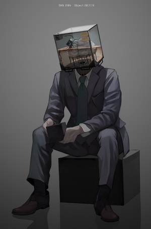 Man with a brain in a glass cube for a head