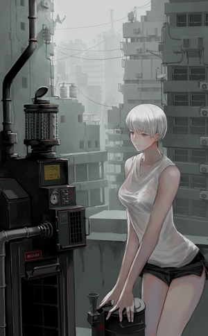 Anime girl in a white tank top and shorts on a rooftop