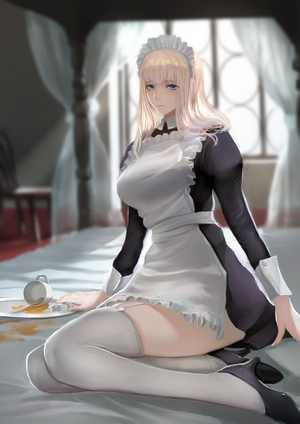 Maid with blonde hair and blue eyes spills coffee