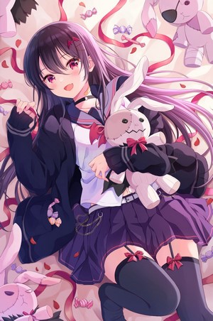 garter straps, Yatomi, purple eyes, purple hair, lying on back, anime ...