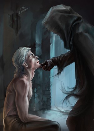 Artwork of a man with white hair being touched by a figure in a black robe