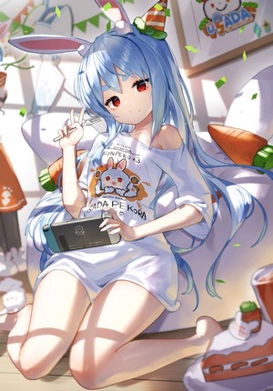 Usada Pekora from Hololive holding a Nintendo Switch