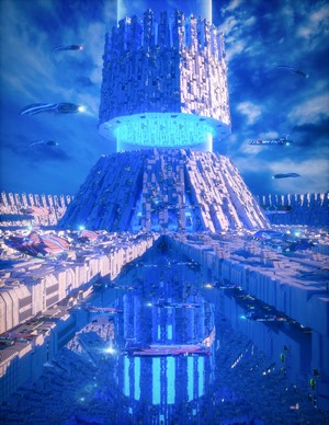 Futuristic Cityscape with Tower and Flying Vehicles