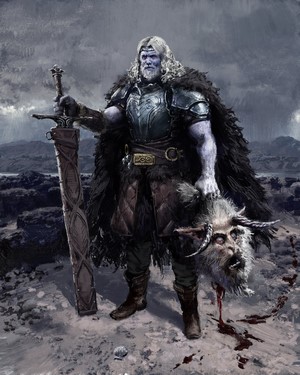 Viking warrior holding a goat head and sword