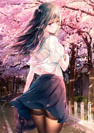 Anime girl with horns and cherry blossoms