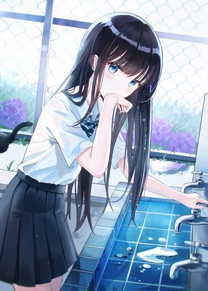 Anime girl in school uniform at faucets
