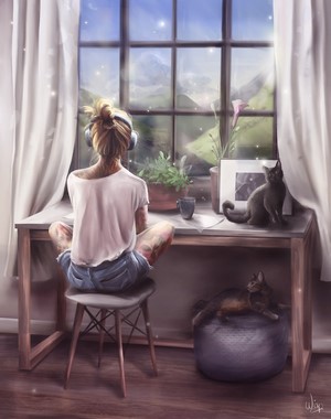 Woman with headphones listening to music by the window with cats