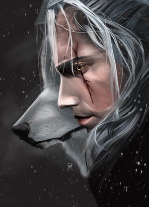 Geralt of Rivia from The Witcher with a wolf