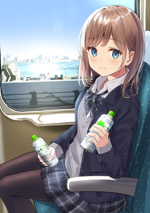 Anime girl with shoulder-length hair holding water bottles on a train