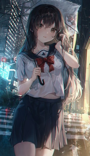Anime Girl in School Uniform with Umbrella
