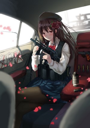 Anime girl with gun in car interior