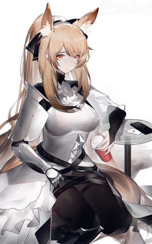 Blemishine from Arknights holding a drink