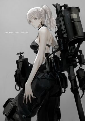 Anime girl with silver hair and a weapon
