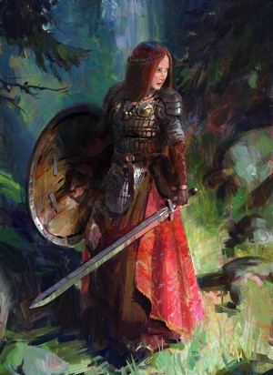 Redhead warrior with sword and shield in forest