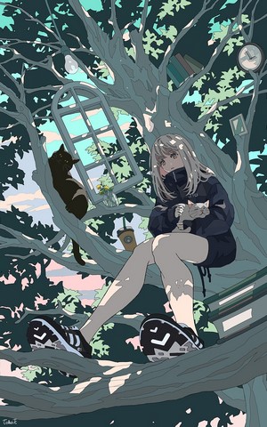 Anime girl with cats in a treehouse
