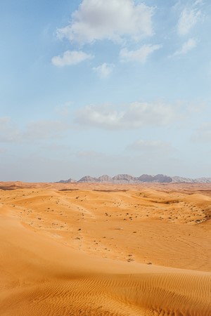 Desert landscape with sand dunes and mountains under a cloudy sky