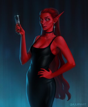 Redheaded woman with pointed ears holding a wine glass