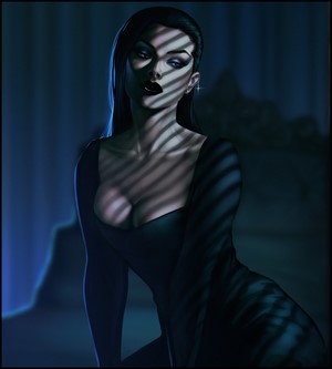 Woman in black dress with striped shadows