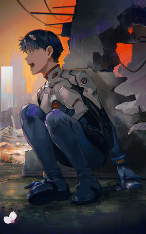 Shinji Ikari from Neon Genesis Evangelion in a ruined city