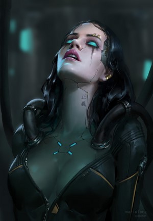Cyborg woman with blue eyes and dark hair