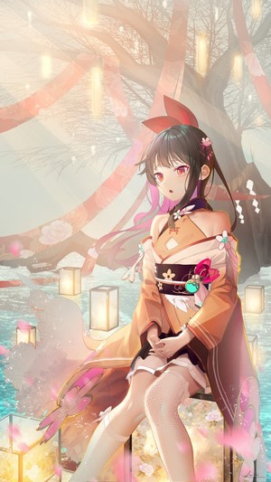 Anime girl in kimono with red bow and pink highlights