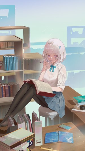 Anime girl with silver hair studying in a library