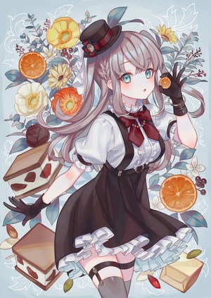 Anime girl in Lolita fashion with oranges and cakes
