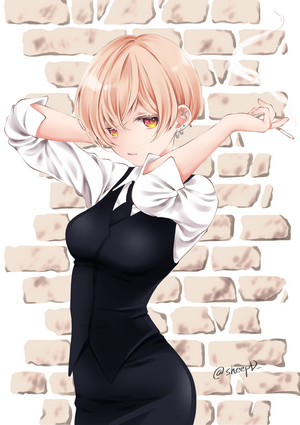 Anime girl with short blonde hair smoking
