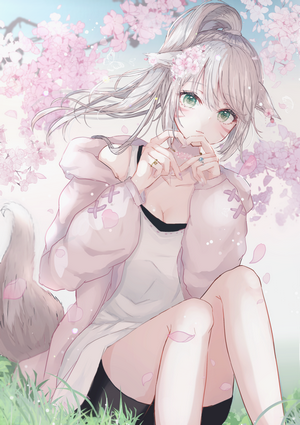 Miqo'te girl with silver hair and green eyes under cherry blossoms