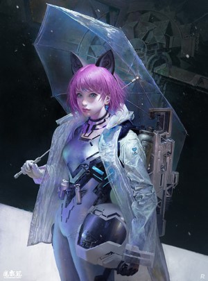 Woman with pink hair and cat ears holding an umbrella
