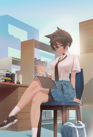 Anime girl with animal ears in school uniform in library