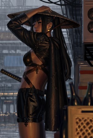 Fantasy warrior girl with katana and straw hat